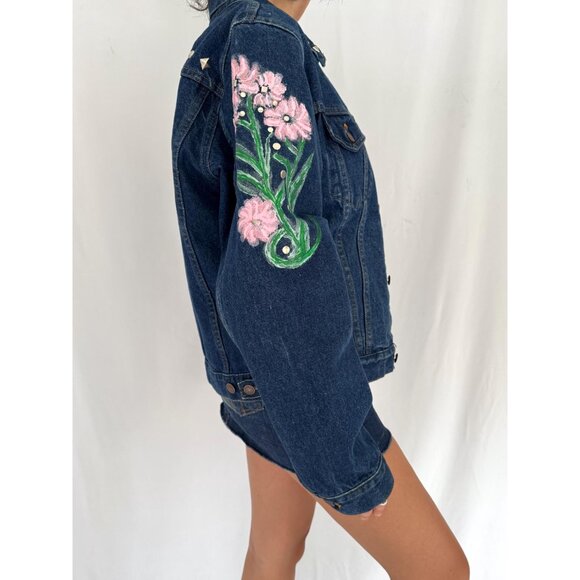 90s vintage blue denim embellished hand painted flowers jean jacket medium - Picture 5 of 9